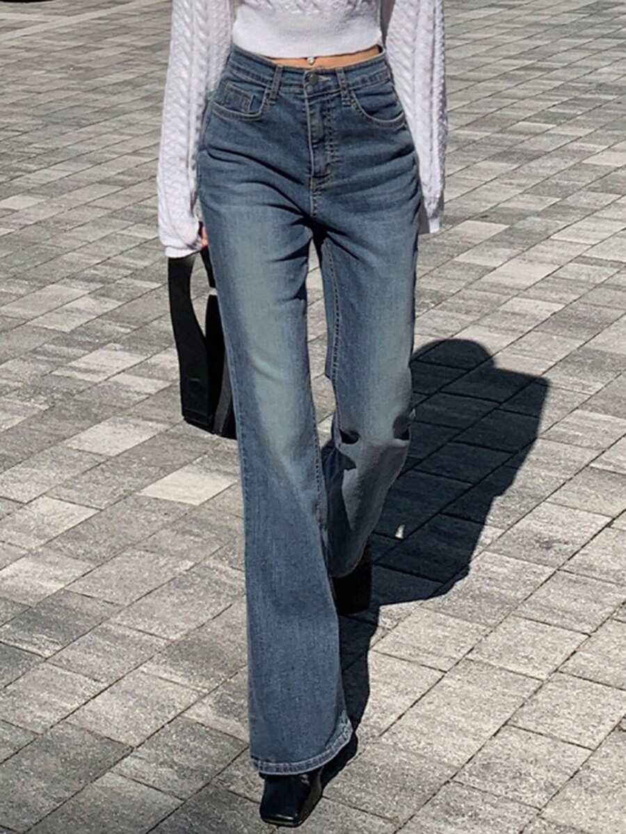 Livesso 女士水洗斜插口袋休闲喇叭牛仔裤 - 藍色 - 查看 1