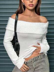 SHEIN Unity Women's Long Sleeve Off Shoulder Sweater With Button Decor Knit Pullover Fall Winter Outfit - White - View 6