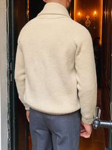 男士秋冬長袖保暖雙口袋針織衫 - 杏色 - 查看 2