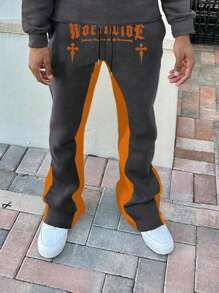 Pantalones Deportivos Para Hombres Sueltos Con Diseño De Bloques De Colores Y Estampado De Letras Con Cintura Elástica Y Cordón - Multicolor - Ver 1