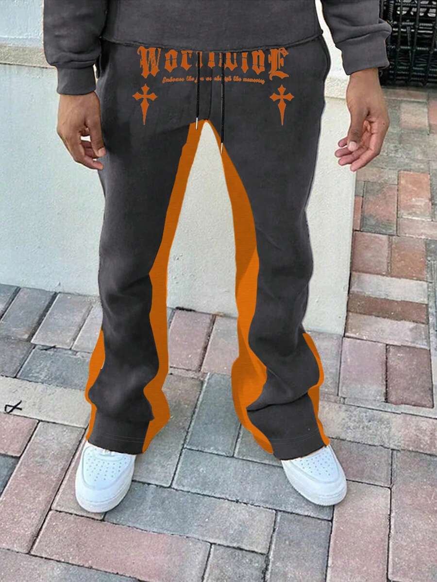 Pantalones Deportivos Para Hombres Sueltos Con Diseño De Bloques De Colores Y Estampado De Letras Con Cintura Elástica Y Cordón - Multicolor - Ver 1