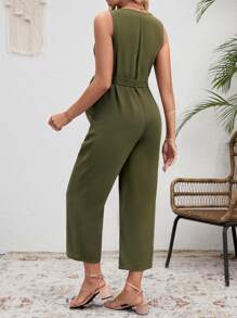 SHEIN 孕婦v領無袖連體褲,帶束腰 - 軍綠色 - 查看 2