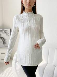 SHEIN Thai sản Cổ giả Viền chia cắt Áo thun - trắng - Xem 3