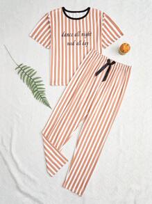 Của phụ nữ Slogan In sọc Ngắn tay Và Quần Bộ đồ ngủ - Nhiều màu - Xem 6