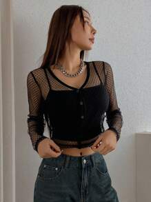 DAZY Ladies See-Through Mesh Cardigan With Slim Fit Long Sleeve Top - Black - View 7