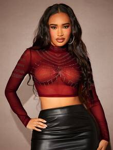 SHEIN SXY 網眼長袖短上衣,鑲有熱固性水晶的紋路 - 酒紅色 - 查看 3