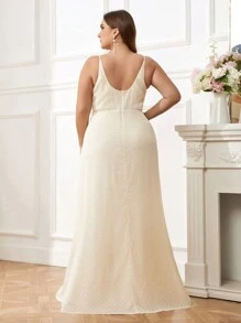 SHEIN Belle Kích thước lớn Thanh lịch Dây đeo Mì Ý  Áo cổ bò Dệt Xu hướng: Cắt giảm Hoa Cái nĩa cao A-line Váy phù dâu - Màu vàng - Xem 3