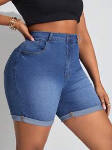 SHEIN SXY Kích thước lớn Co giãn Gầy Quần short Denim - Màu xanh lam - Xem 6