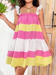Soleia Robe femme à fines bretelles avec bloc de couleurs et volants - Multicolore - Voir 4