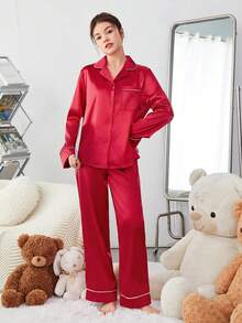 SHEIN Teenage Girls' Simulated Silk Contrast Trim Shirt And Pants Homewear Set - Burgundy - View 4