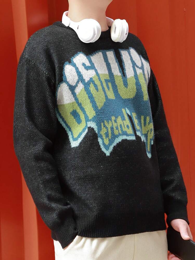 Men'S Round Neck Sweater Featuring Letter Pattern