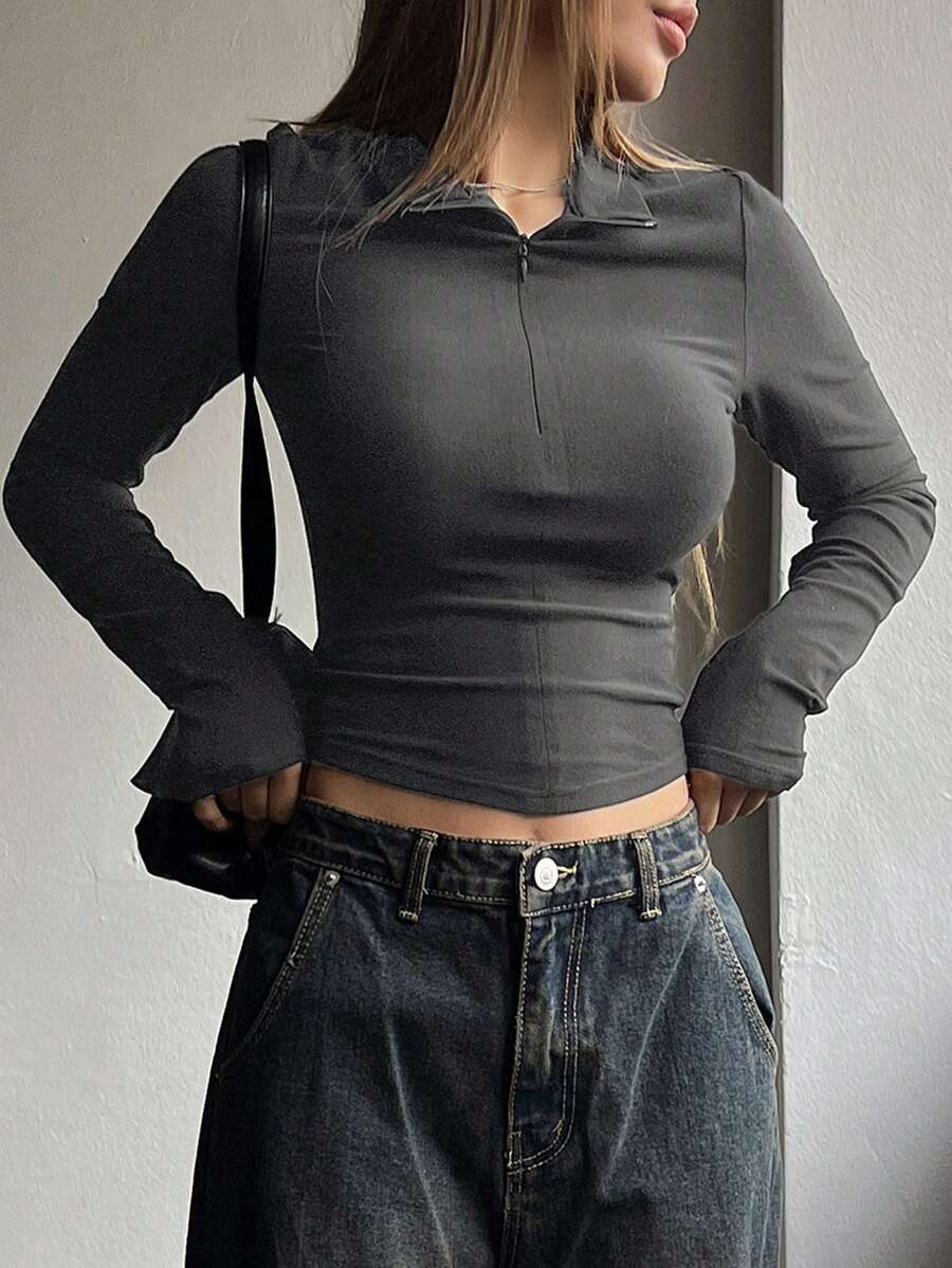 DAZY Women's Short Sleeve Cropped T-Shirt With Lapel Collar - Dark Grey - View 1