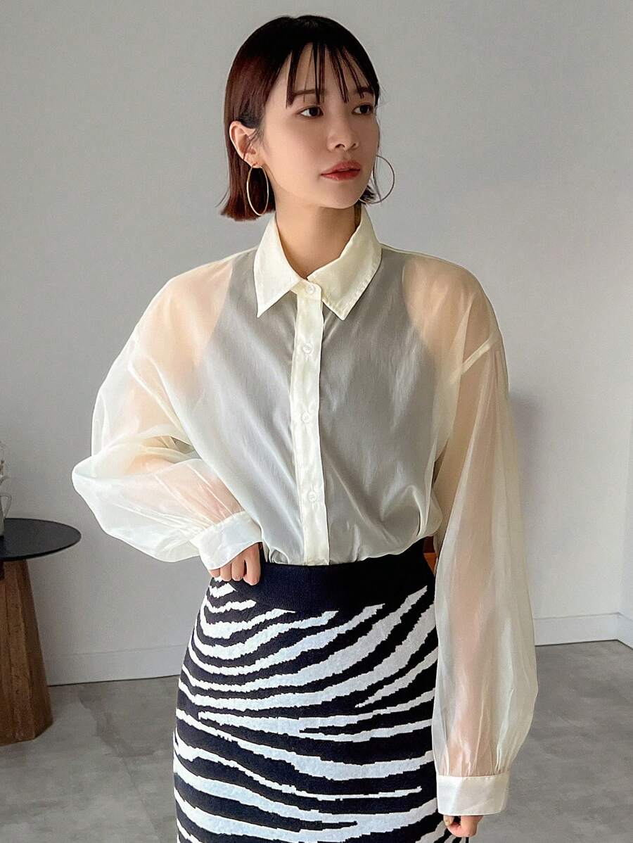 FRIFUL Women'S See-Through Drop Shoulder Shirt Sheer,Fall Women Clothes Long Sleeve Top - Beige - View 1
