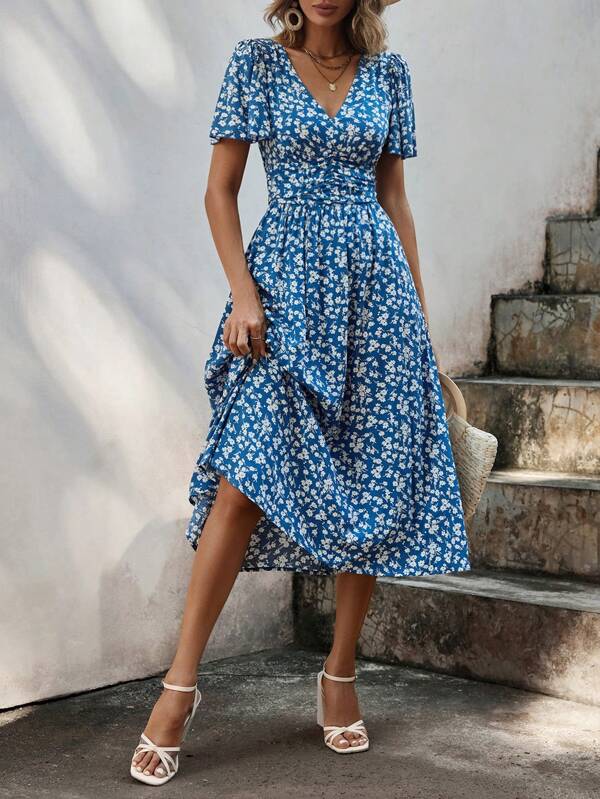 SHEIN Frenchy V-Neck Floral Print Short Sleeve Ruffle Hem Dress Beach Holiday Dress Floral Dress Summer Dress