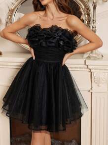 SHEIN Belle Women's Mesh Ruffle Pleating Detailing Cocktail Dress With A-Line Dress - Black - View 1