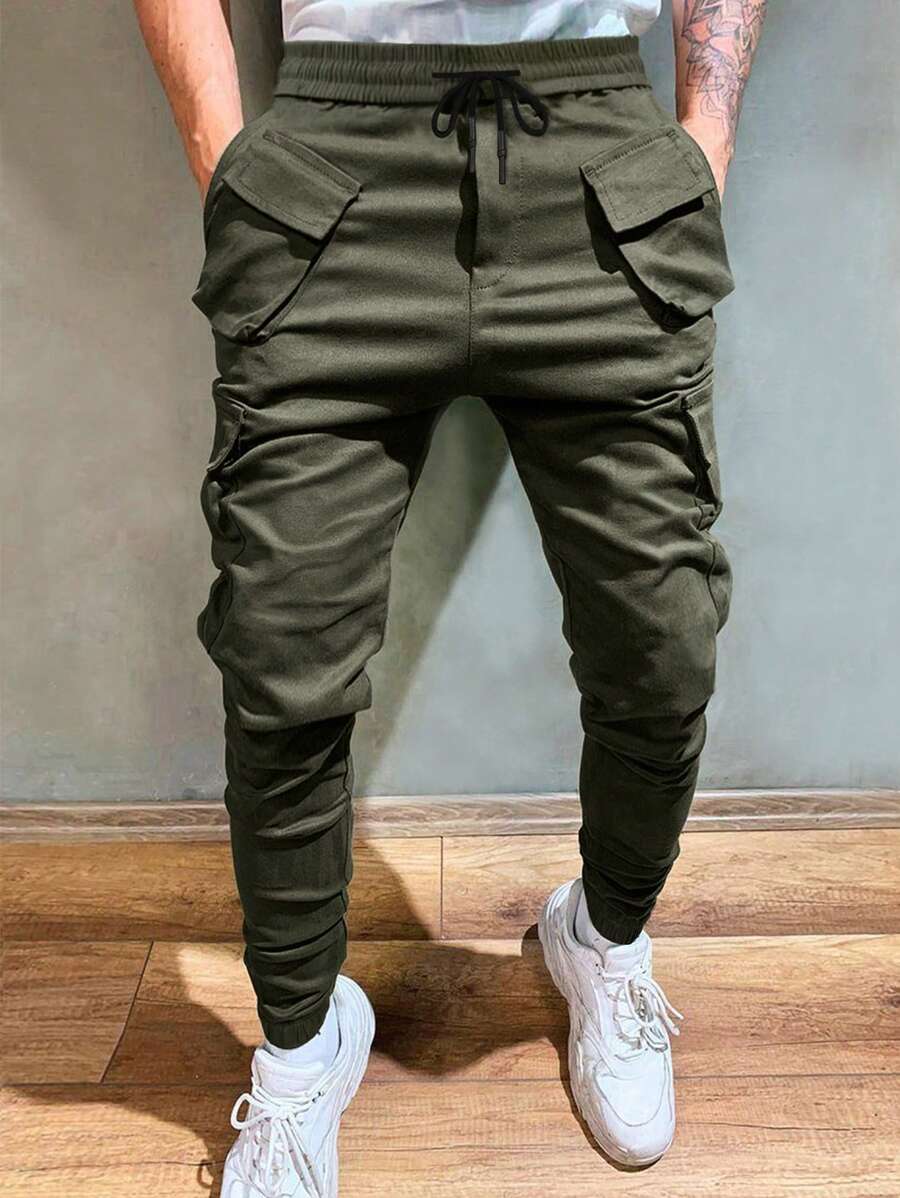 Manfinity Roughcore Men's Drawstring Waist Cargo Jogger Pants With Pockets Long Plain Army Green Going Out - Army Green - View 1