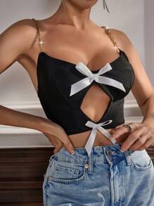 SHEIN 女性蝴蝶結裝飾背心內衣 - 黑色 - 查看 3