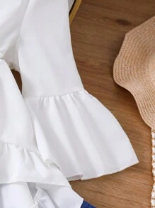 Teen Girl's Asymmetrical Ruffle Trim Top And Jeans Style Flared Pants Outfit