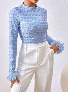 SHEIN Privé Women's Solid Color Textured Fuzzy Sleeve Cuff T-Shirt
