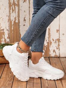 New Style Women's Fashionable Sport Shoes With Round Toe, Solid Color Lace-Up And Thick Sole - White - View 2