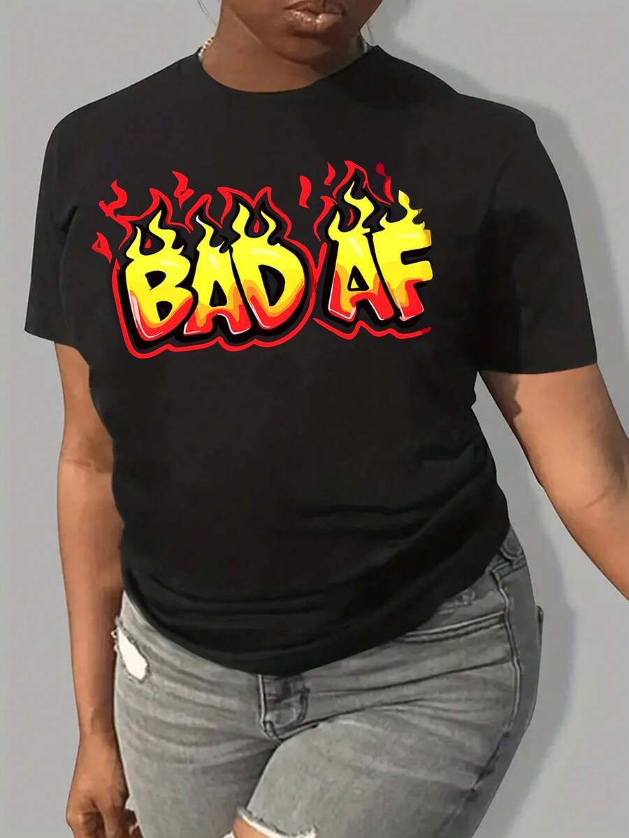 SHEIN LUNE 大尺碼女款休閒圓領短袖t卹,印有英文字母 - 彩色 - 查看 1