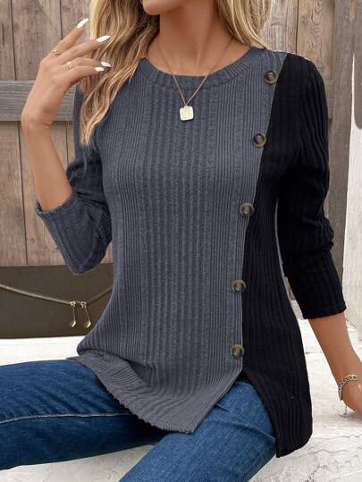 EMERY ROSE 带纽扣装饰的彩色块 T 恤图案 T 恤女式上衣