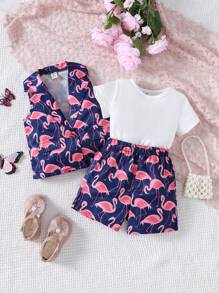 Conjunto De 3 Piezas Para Niña Bebé Que Incluye Camiseta Casual, Chaleco Con Diseño De Flamencos E Shorts