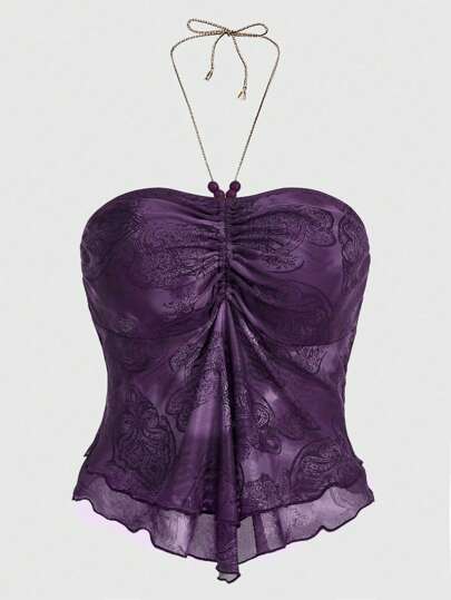 ROMWE Hippie Top De Malha Plissada Estampada Com Gola Halter