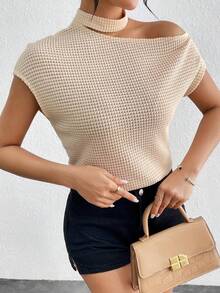 SHEIN Privé 女華夫格針織不對稱領口 T 卹 - 杏色 - 查看 7