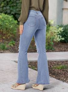 SHEIN LUNE 女士破洞喇叭牛仔褲 - 藍色 - 查看 2