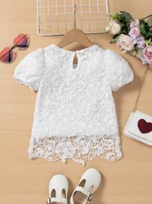 SHEIN Young Girl Puff Short Sleeve Lace Blouse - White - View 2