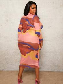 Slaydiva 大碼立領長袖透視連衣裙 - 橘色 - 查看 2