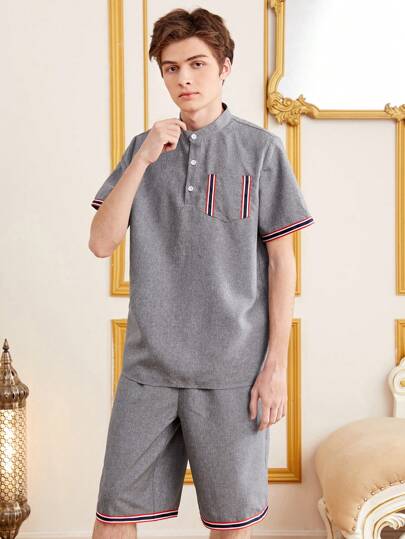 SHEIN 青少年男孩休閒條紋拼接短袖襯衫,搭配針織立領短褲組合