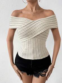 SHEIN Essnce Drop Shoulder Cross Wrap Ribbed Knit T-Shirt - Khaki - View 3