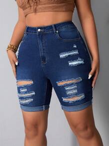 SHEIN Essnce Plus Size Ripped Skinny Denim Shorts - Dark Wash - View 3