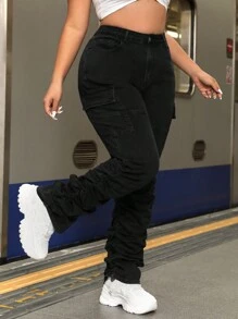 SHEIN ICON Slim-fit-cargo-jeanshose In Übergröße Mit Faltendetails - Schwarz - Übersicht 1