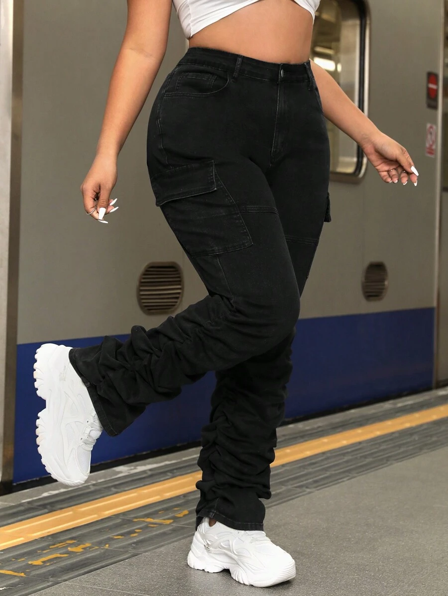SHEIN ICON Slim-fit-cargo-jeanshose In Übergröße Mit Faltendetails - Schwarz - Übersicht 1