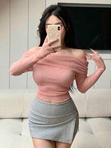 DAZY 露肩长袖短款衬衫，情人节长袖上衣，露肩学院风上衣，秋季女装 - 粉色 - 查看 4