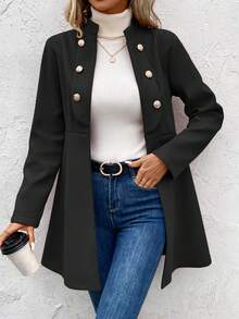 SHEIN LUNE 女用荷葉邊雙排扣大衣 - 黑色 - 查看 5