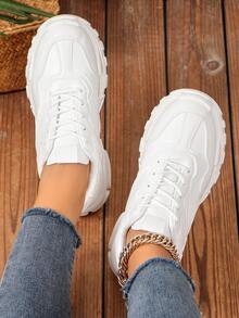 New Style Women's Fashionable Sport Shoes With Round Toe, Solid Color Lace-Up And Thick Sole - White - View 4