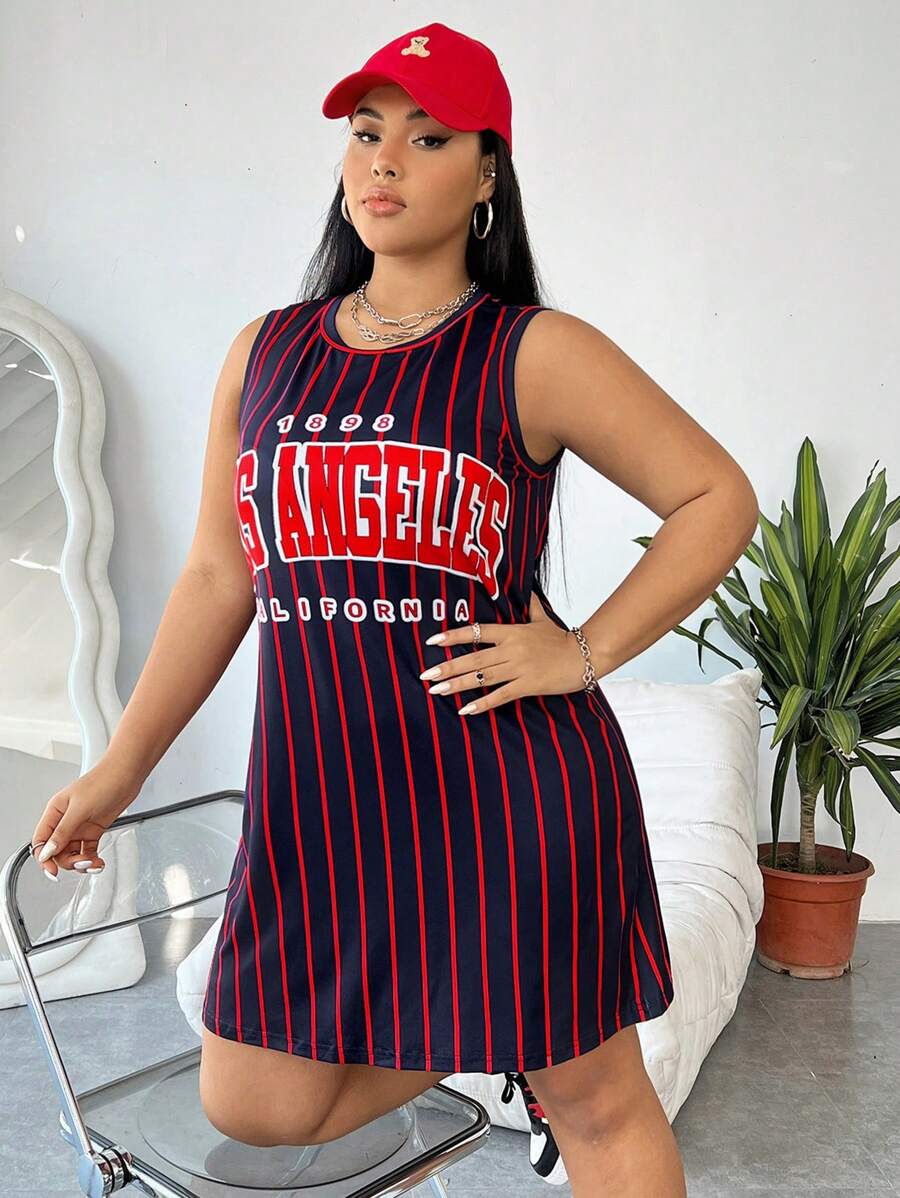 SHEIN EZwear 大碼條紋和字母圖案背心連衣裙 - 藍色 - 查看 1