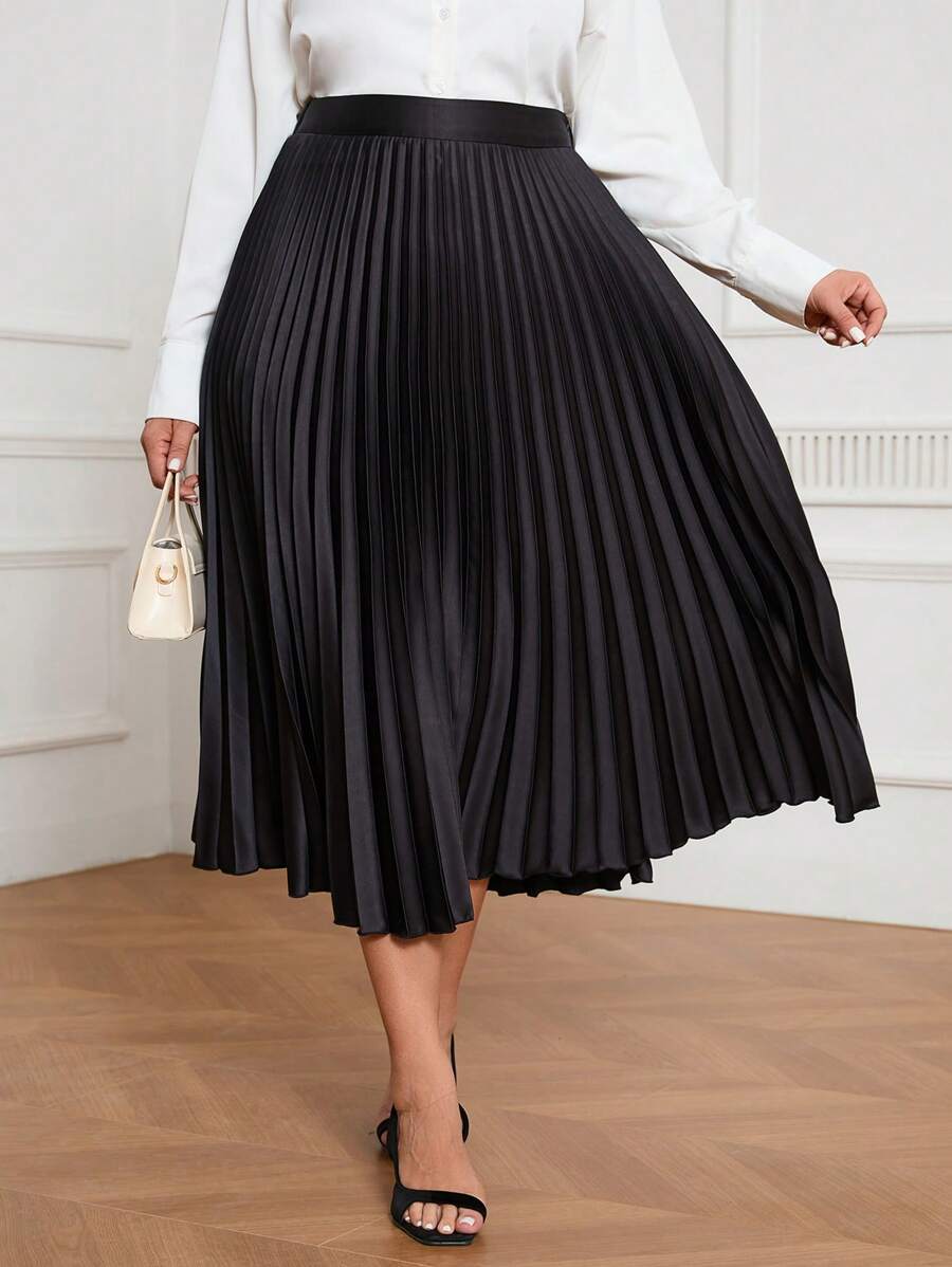 SHEIN Frenchy Plus Size Women'S Pleated Midi Satin Skirt