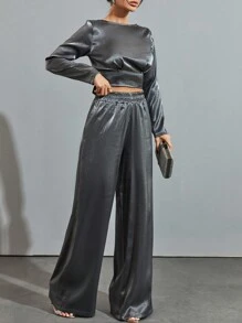 Panie Lśniący Przycięte Topy I Szeroka nogawka Spodnie Komplety Biżuterii