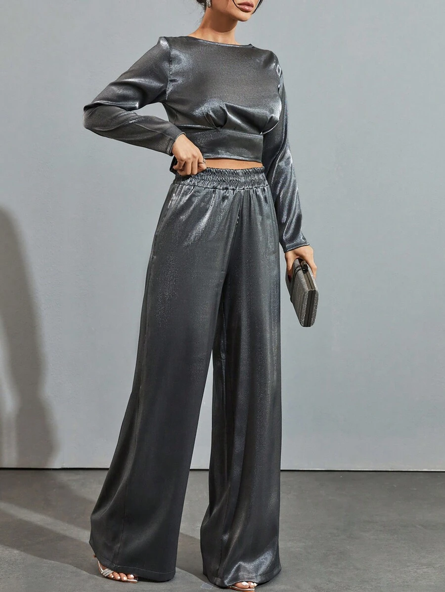 Panie Lśniący Przycięte Topy I Szeroka nogawka Spodnie Komplety Biżuterii