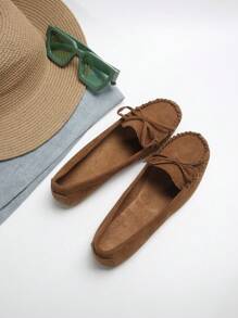 2025 Autumn Women's Suede Loafers With Bowknot, Comfortable Round Toe Flat Shoes Valentines - Brown - View 7