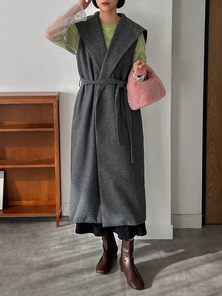FRIFUL Designer 女式水手领腰带外套女式夹克，秋季女装背心 - 灰色 - 查看 4