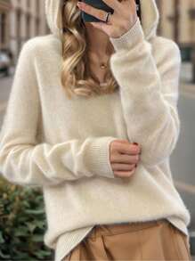 SHEIN Essnce Long Sleeve Hooded Sweater - Apricot - View 1