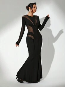 SHEIN ICON Women's Mesh Contrast Mermaid Black Long Dress - Black - View 6