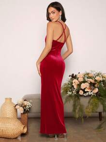 SHEIN Belle 無袖伴娘禮服,連帽領口,高開叉和褶裙邊緣 - 紅色 - 查看 5