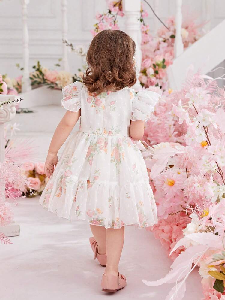 Baby Girl Rose Printed Princess Dress With Ruffle Sleeve And Tulle Dress